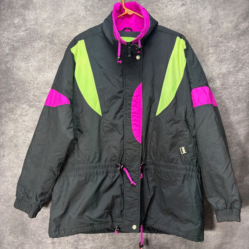 Inside Edge Vintage 80s Ski Jacket Women's L XL Neon Pink Green Black Retro